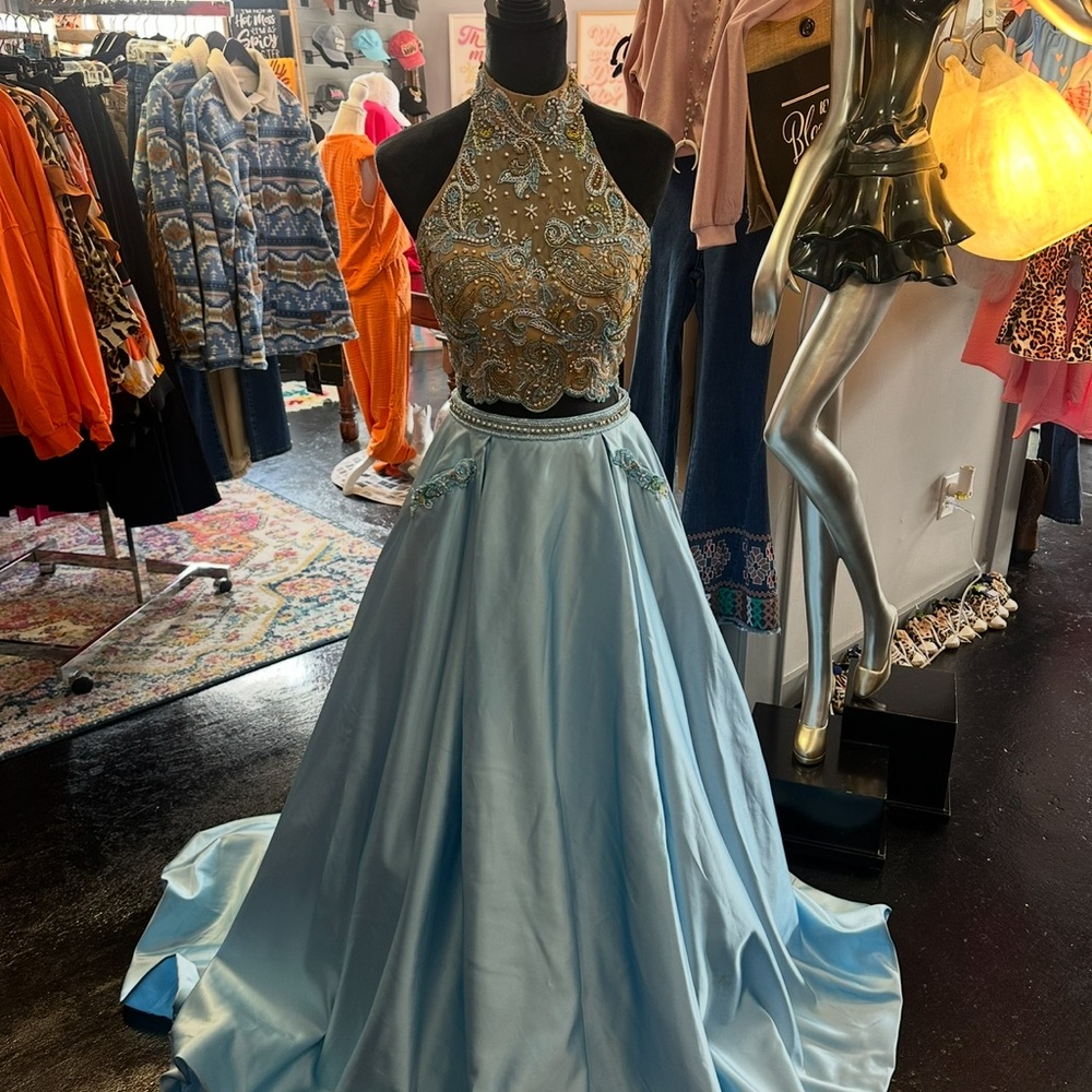Sherri Hill Gold and Blue Sequin Halter Gown for Prom